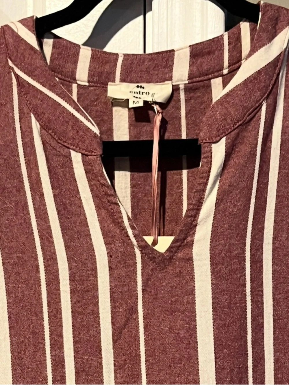 NWT entro Burgundy and Cream Stripe Maxi Capri Dress Roll Sleeves 100% Cotton S - Picture 3 of 15